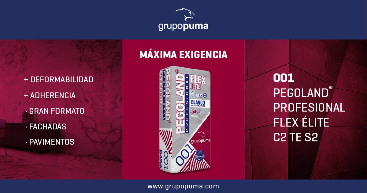 grupopuma's tweet photo. En Grupo Puma tenemos el producto adecuado para las aplicaciones más exigentes del mercado, ¿Sabes cuál es?...
#PegolandProfesionalFlexElite el adhesivo #S2 que te garantiza una correcta colocación cerámica
#Grupopuma #Pegoland #PegolandProfesional #mortero #cerámica #C2TES2 https://t.co/xyAJ0AF1Jr