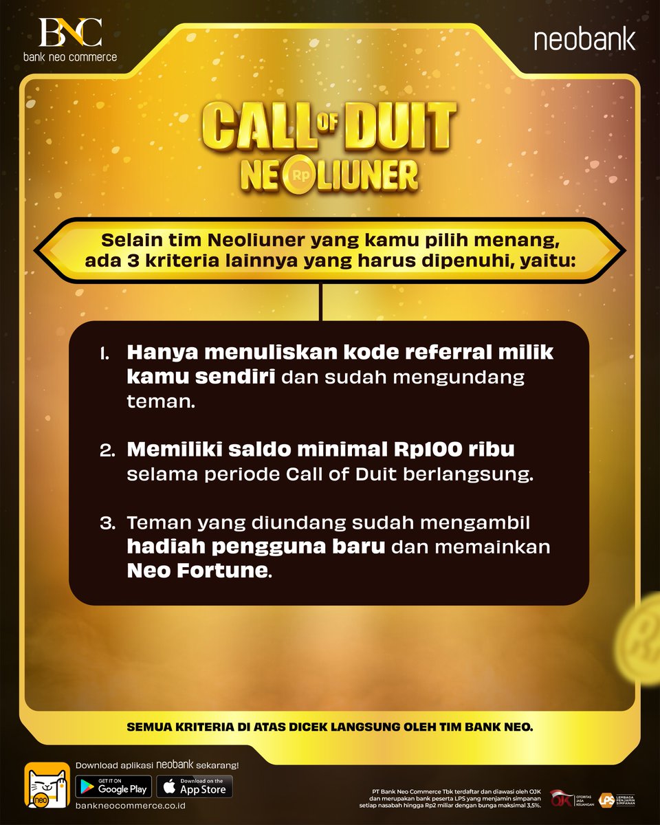 bankneocommerce's tweet photo. Neotizen, kamu sudah yakin kamu berpotensi terpilih jadi 10 pemenang dalam tim yang kamu pilih?
Eitss.. tunggu dulu! Pastikan kamu sudah memenuhi 3 kriteria pemenang ini ya.

Yuk, geser untuk lihat kriterianya!

#Neoliuner #BeraniLebih #neobank https://t.co/BfTcI2v2FR
