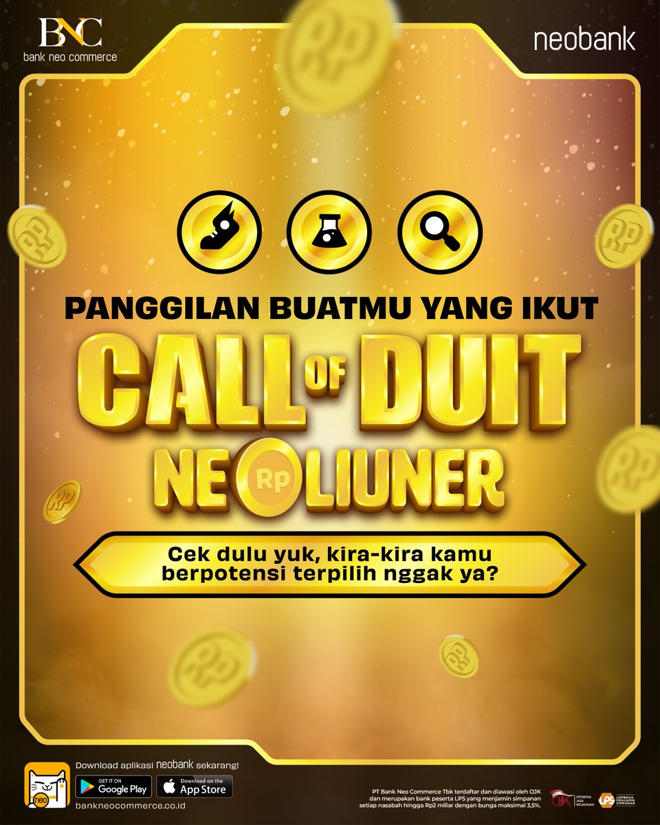 bankneocommerce's tweet photo. Neotizen, kamu sudah yakin kamu berpotensi terpilih jadi 10 pemenang dalam tim yang kamu pilih?
Eitss.. tunggu dulu! Pastikan kamu sudah memenuhi 3 kriteria pemenang ini ya.

Yuk, geser untuk lihat kriterianya!

#Neoliuner #BeraniLebih #neobank https://t.co/BfTcI2v2FR