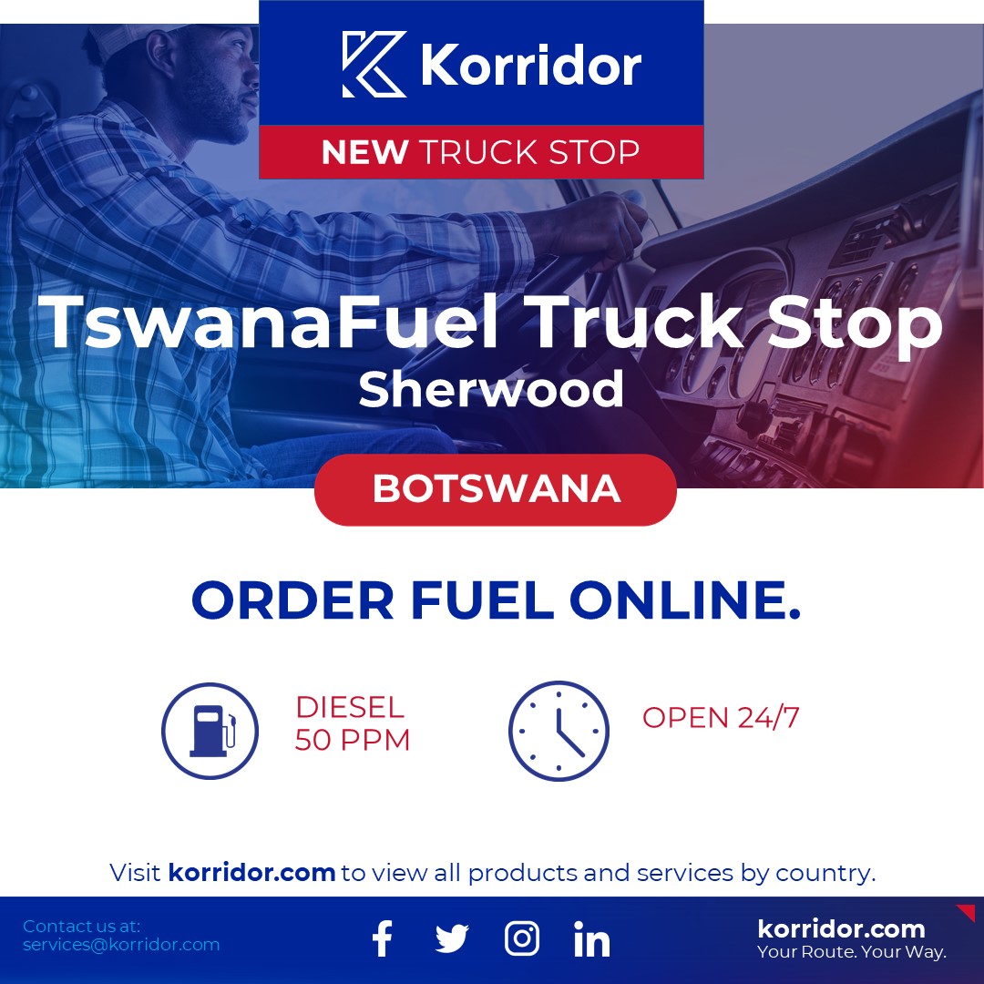 Order Fuel online with Korridor at TswanaFuel Truck Stop, Sherwood, Botswana.
#Technology #Logistics #Transport #Transportation #Freight #FleetManagement