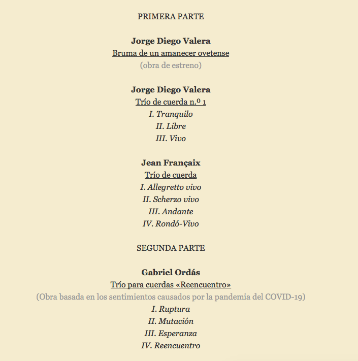 Programa del concierto de esta noche a cargo del trío de cuerda 4Tercios, con Gabriel Ordás (violín), Rubén Menéndez (viola) y Santiago Ruiz de la Peña (chelo). Será a las 19:45 en el Teatro Filarmónica.