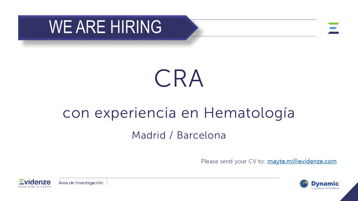 Dynamic (@dynasolutions) on Twitter photo WE ARE HIRING! Buscamos perfiles de CRAs con experiencia en Hematología.
Envía tu CV a: mayte.m@evidenze.com
Detalles de la oferta:
dynasolutions.com/publicaciones/…
#EnsayosClínicos #Empleo #Investigación #Dynamic WE ARE HIRING! Buscamos perfiles de CRAs con experiencia en Hematología.
Envía tu CV a: mayte.m@evidenze.com
Detalles de la oferta:
dynasolutions.com/publicaciones/…
#EnsayosClínicos #Empleo #Investigación #Dynamic