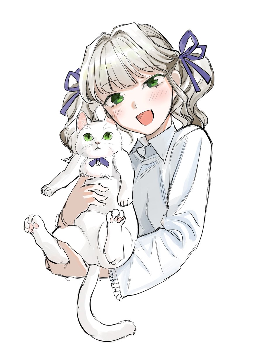 1girl green eyes cat holding animal white background twintails holding  illustration images