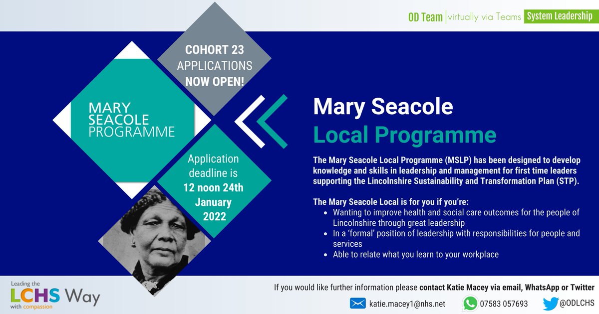 ODLCHS's tweet photo. Mary Seacole Local Programme COHORT 23 applications now open! 
Congratulations to those that were successful for the last cohorts in securing your place, applications were strong! #NHSpeople https://t.co/JmdacrzzY4