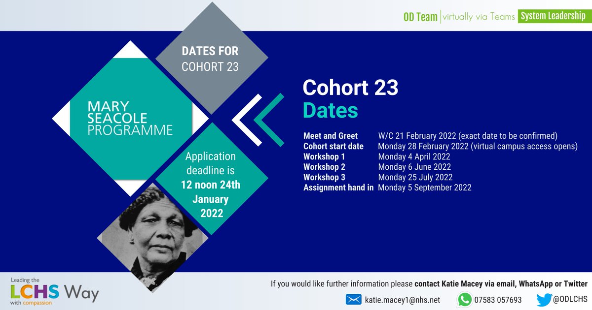 ODLCHS's tweet photo. Mary Seacole Local Programme COHORT 23 applications now open! 
Congratulations to those that were successful for the last cohorts in securing your place, applications were strong! #NHSpeople https://t.co/JmdacrzzY4