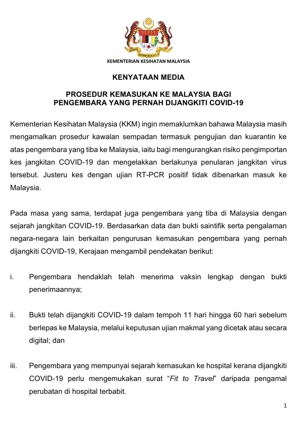 Kkmalaysia On Twitter Kenyataan Media Kementerian Kesihatan Malaysia Prosedur Kemasukan Ke Malaysia Bagi Pengembara Yang Pernah Dijangkiti Covid 19 Https T Co U8g0ame0op Twitter