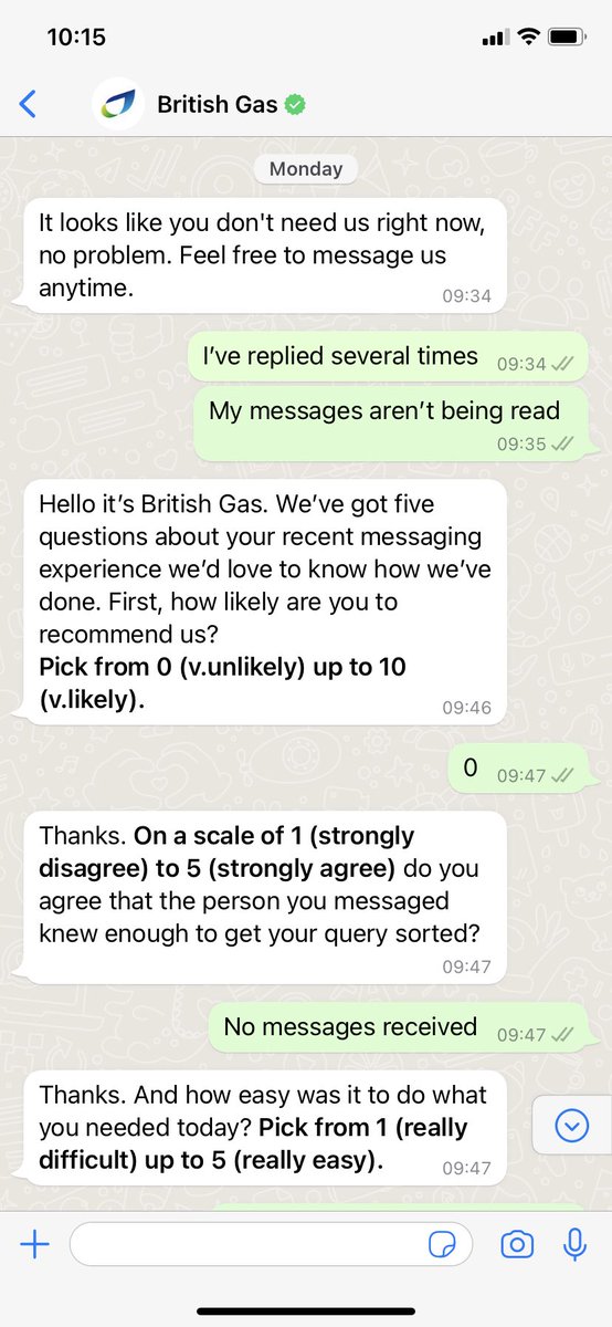 Banksy9's tweet photo. @BritishGasHelp I spent hours on the phone yesterday and have raised a complaint regarding the reason for initial contact. In terms of what’s app, this screen shot is the end of a 4 day stream of me being repeatedly asked for my details and my issue with no response. https://t.co/86IDI9vL9Z