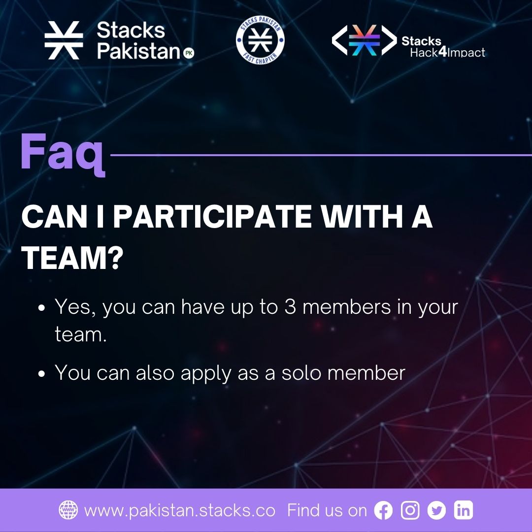 StacksPakistan's tweet image. Yes!, You can participate as a solo member as well as a team of maximum of three members.

Apply now:
bit.ly/stackshack4imp… 

#StacksPakistan #StacksHack4Impact #StacksFASTChapter #StacksXPLORE #OwnYourInternet