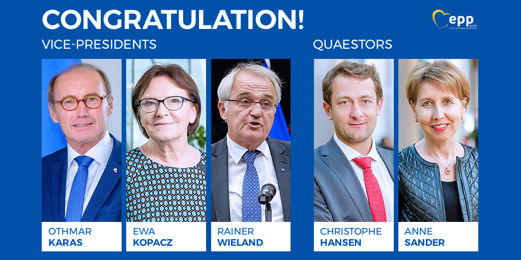 🔴#BREAKING
 
Today, we have elected our candidates for Vice-Presidents and Quaestors of the European Parliament.
 
For VP:
✅<a href="/othmar_karas/">Othmar Karas</a>
✅<a href="/EwaKopacz/">Ewa Kopacz</a>
✅Rainer Wieland
 
For Quaestors:
✅<a href="/CHansenEU/">Christophe Hansen</a>
✅<a href="/AnneSanderElue/">Anne Sander</a>
 
Congratulations!