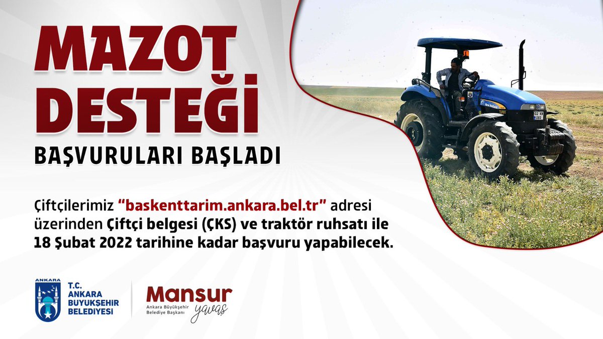 Kırsal kalkınmaya destek amacıyla çiftçilerimize sağladığımız "Mazot Desteği" için başvurular başladı. 

18 Şubat 2022 saat 17.00'ye kadar yerli üreticilerimiz, 

➡️ ‘Çiftçi Belgesi ve Traktör Ruhsatı’ ile başvurularını yapabilirler. 

BAŞVURU İÇİN ⤵️ baskenttarim.ankara.bel.tr