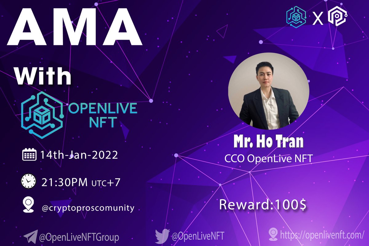 Crypto_ProsCM's tweet photo. #AMA 
CryptoPros Community × @OpenLiveNFT 

🗓 DATE  :  14th, Jan, 2022
⏰ TIME  :   21:30 PM UTC+7
🏠 VENUE : https://t.co/GIuAWOcxH7        
 
🏆Reward Pool: 100$ https://t.co/3v028DHOrn