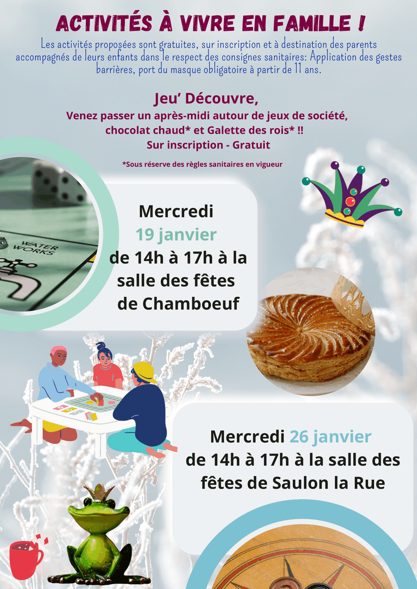 Gevrey Nuits Tourisme (@gevreynuits) on Twitter photo La Direction des Solidarités vous propose ce mois-ci des après-midi "Jeu'découvre"
De quoi passer un bon après-midi comme on les aime, en famille ! 🥰
Mercredi 19/01 et et mercredi 26/01.
Informations et réservation :
06.35.81 .60.69 - solidarites@ccgevrey-nuits.com La Direction des Solidarités vous propose ce mois-ci des après-midi "Jeu'découvre"
De quoi passer un bon après-midi comme on les aime, en famille ! 🥰
Mercredi 19/01 et et mercredi 26/01.
Informations et réservation :
06.35.81 .60.69 - solidarites@ccgevrey-nuits.com