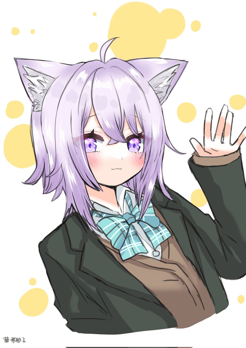 nekomata okayu 1girl animal ears cat ears purple hair purple eyes solo waving  illustration images