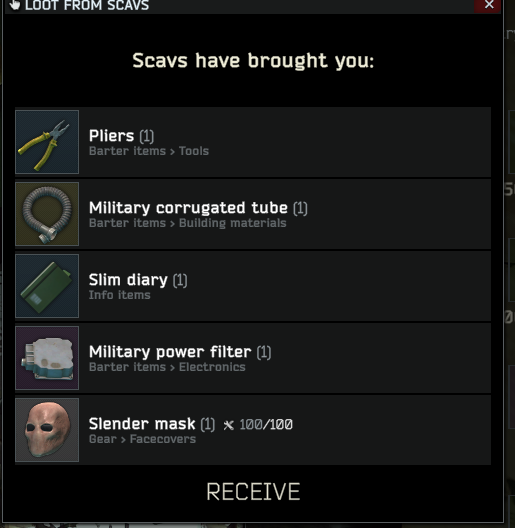 Finir la matinée de télétravail ✅

Ouvrir EFT et récupérer sa scav case moonshine ✅

Faire BEAUCOUP de roubles ✅