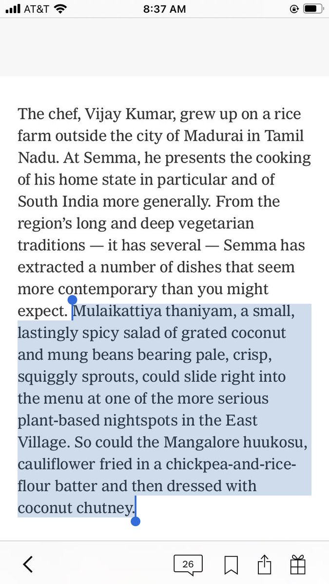 MonsoonSweets's tweet photo. Very nice of @pete_wells to slip a racist and colonialist sentiment that #Indian food isn't "serious" food into an otherwise positive review of #SouthIndian restaurant Semma. https://t.co/LGV9sfWmsr