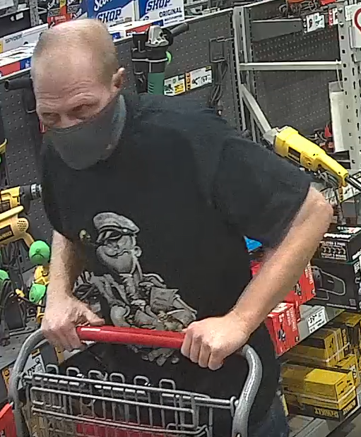 OKCPD's tweet photo. This man stole tools from Lowes near I-240/Santa Fe. Pretty good photos, even with the mask. If you know who he is, contact Crime Stoppers 405-235-7300/www.okccrimetips.com. Case # 21-99110 https://t.co/nRnRdGdSWK