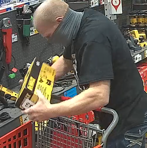 OKCPD's tweet photo. This man stole tools from Lowes near I-240/Santa Fe. Pretty good photos, even with the mask. If you know who he is, contact Crime Stoppers 405-235-7300/www.okccrimetips.com. Case # 21-99110 https://t.co/nRnRdGdSWK