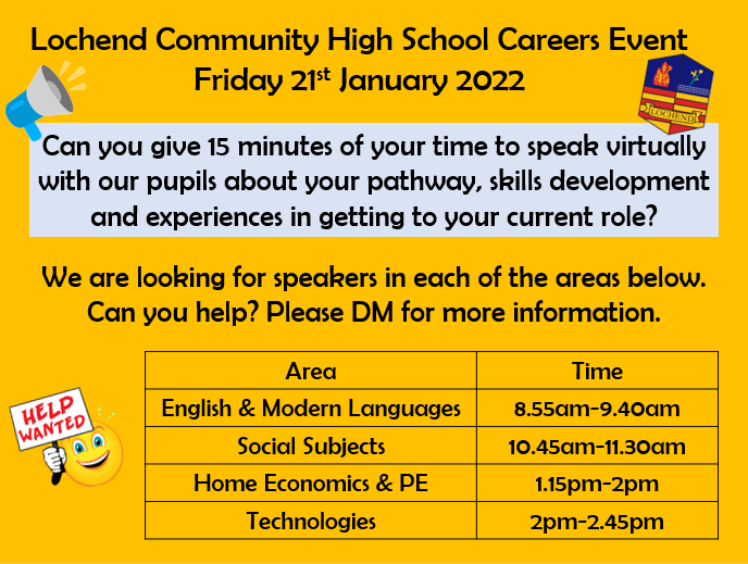 We are currently looking for people to share their career and life experiences as well as linking their current job to our curricular areas. Still looking for volunteers in the areas below. Please DM us to get involved or share and tag anyone you think that may be interested