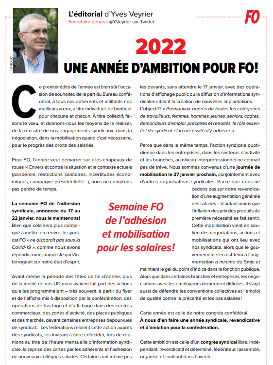 [#Edito] "La semaine FO de l’adhésion syndicale, annoncée du 17 au 22 janvier, nous la maintenons !"  "L’action syndicale quotidienne dans les entreprises, dans les secteurs d’activité et les branches, au niveau interprofessionnel ne connaît pas de trêve." force-ouvriere.fr/yves-veyrier-2…