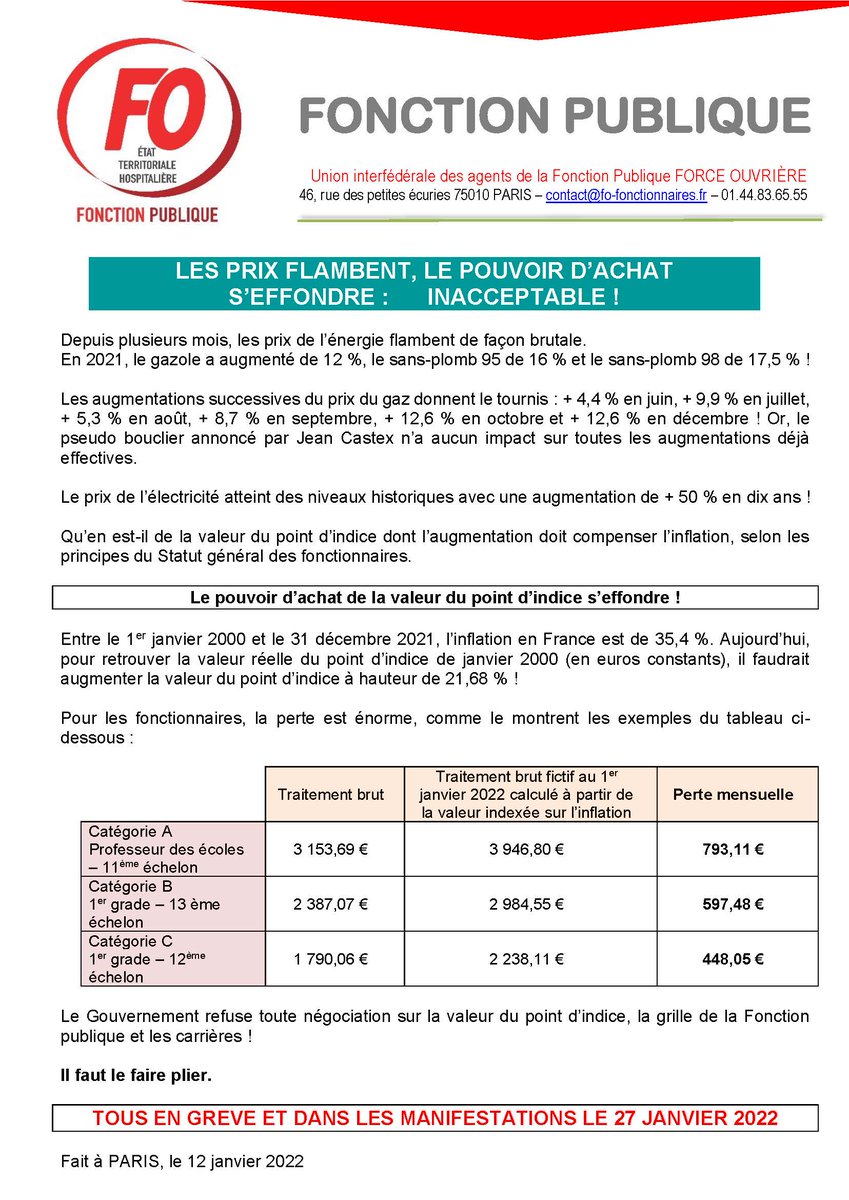 FOFonctionnaire's tweet image. #Communiqué FO Fonction Publique| Le gouvernement refuse toute négociation sur la valeur du point d'indice, la grille de la Fonction publique et les carrières, il faut le faire plier!

Tous en grève et dans les manifestations le 27 janvier ✊