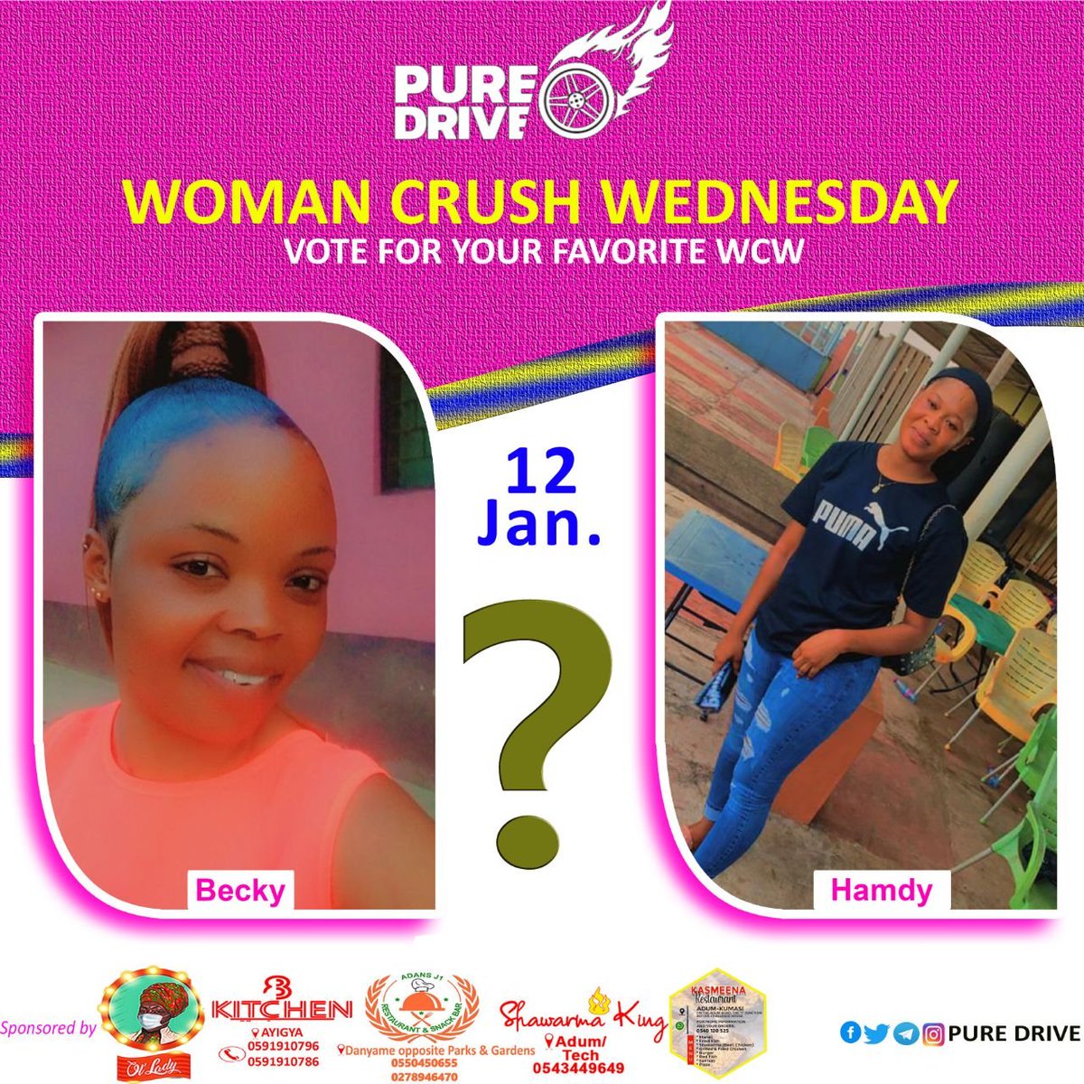 PUREDRIVE957's tweet photo. THE STAKES ARE HIGH AND NOW WHO OWNS THE BRAGGING RIGHT? BETWEE @AnashRebecca  et @HamdyLove11 . LET YOUR VOTE COUNT TONIGHT

SPONSORED BY:
@8KITCHENGHANA @ol_ladygh @adansj1restaurant @kingshawarma20 https://t.co/nvLbJiCZN3