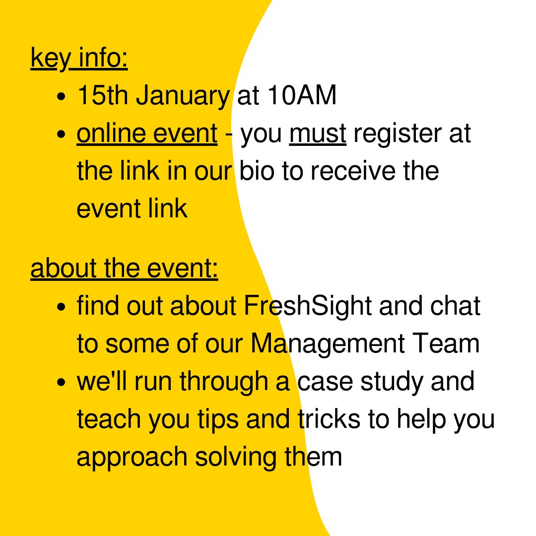 FreshSight's tweet photo. Join us on Jan 15th for a case study workshop! We'll help you solve them and give you time to ask the Management Team any questions.
Please note this is an online event and you must sign up at the registration link on the event page to receive your invite: https://t.co/j0cJ5dW4gT https://t.co/I5EwTflXNq