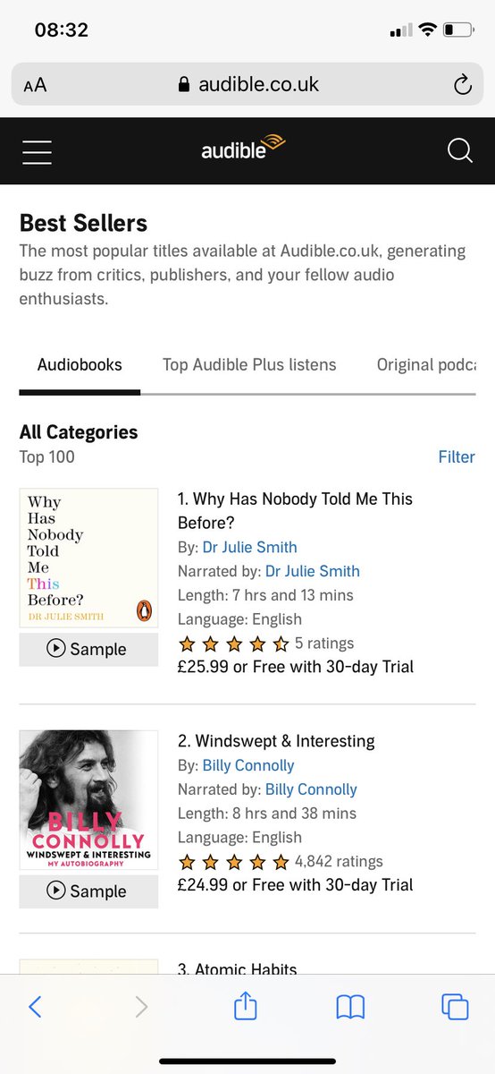 Wonderful to see @Dr_Julie_Smith at number 1 in the Audible bestseller charts this morning! Congratulations💫🎧 @MichaelJBooks