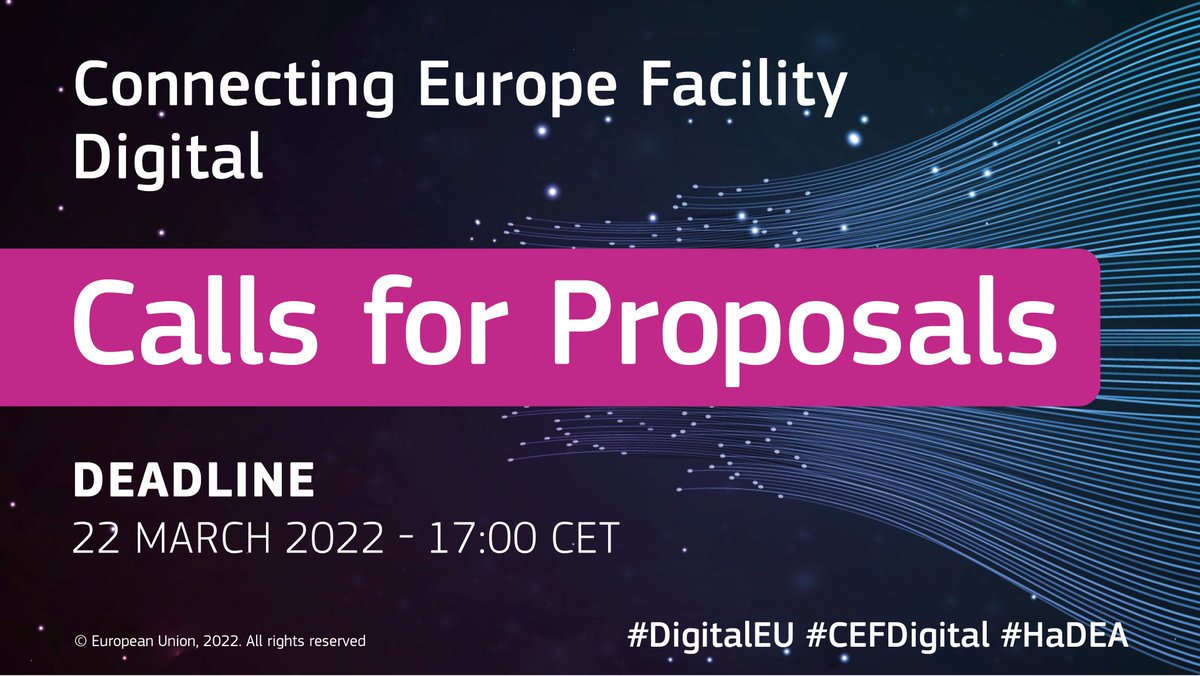 🚨 First calls for proposals under #CEFDigital are now open! 🎉 💰 €258M total available budget 🎯Deploy/improve digital infrastructures such as #cloud and #5G across Europe 🌐🇪🇺 ✅ Entirely grants ⌛️ Application deadline: 22 March 2022 (17:00 CET) 🔗👉 hadea.ec.europa.eu/news/first-cal…
