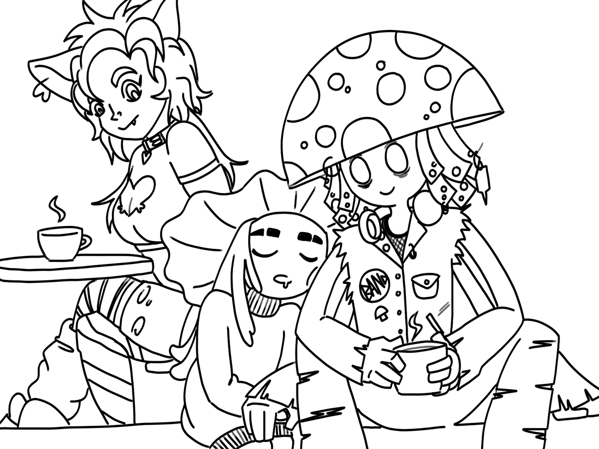 dexbonus's tweet photo. Morning doodle! Excited to be a coffee shop mushroom with my cute buds 🍄 (line weight variation? I don't know her) #NeonDivide https://t.co/Rf5hTjn2zg
