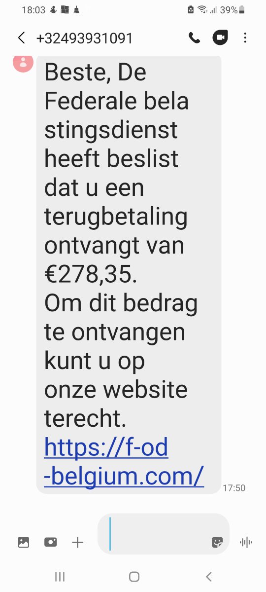safeonweb_be's tweet image. ⚠ Wij krijgen weer veel meldingen van verdachte sms'jes die van de FOD Financiën lijken te komen. Opgepast! Dit is oplichterij.