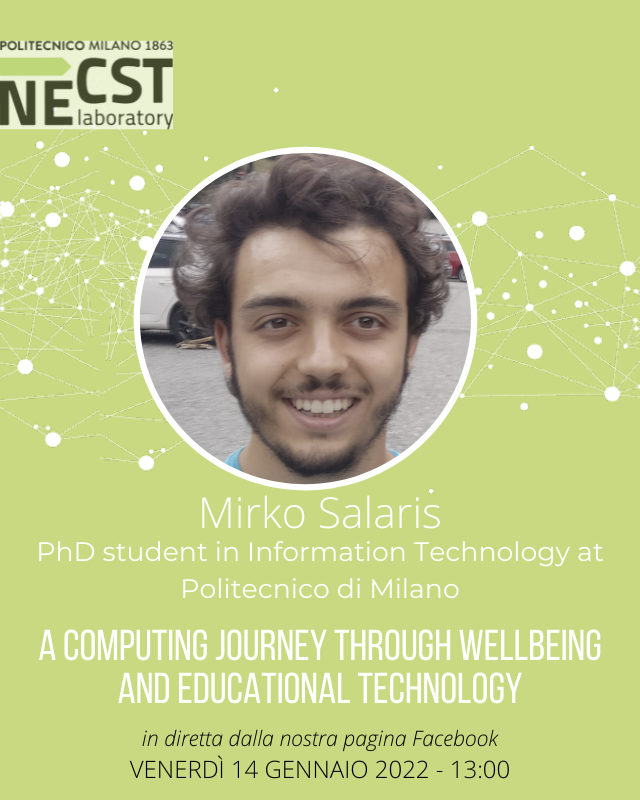 necstlaboratory's tweet image. Venerdì riprendono i nostri #NECSTFridayTalk, in questo primo incontro dell’anno avremo con noi @mirko_salaris, PhD student in Information Technology al @polimi, che ci parlerà di un modo in cui la tecnologia può essere utilizzata per contribuire al benessere personale
#NECSTLab