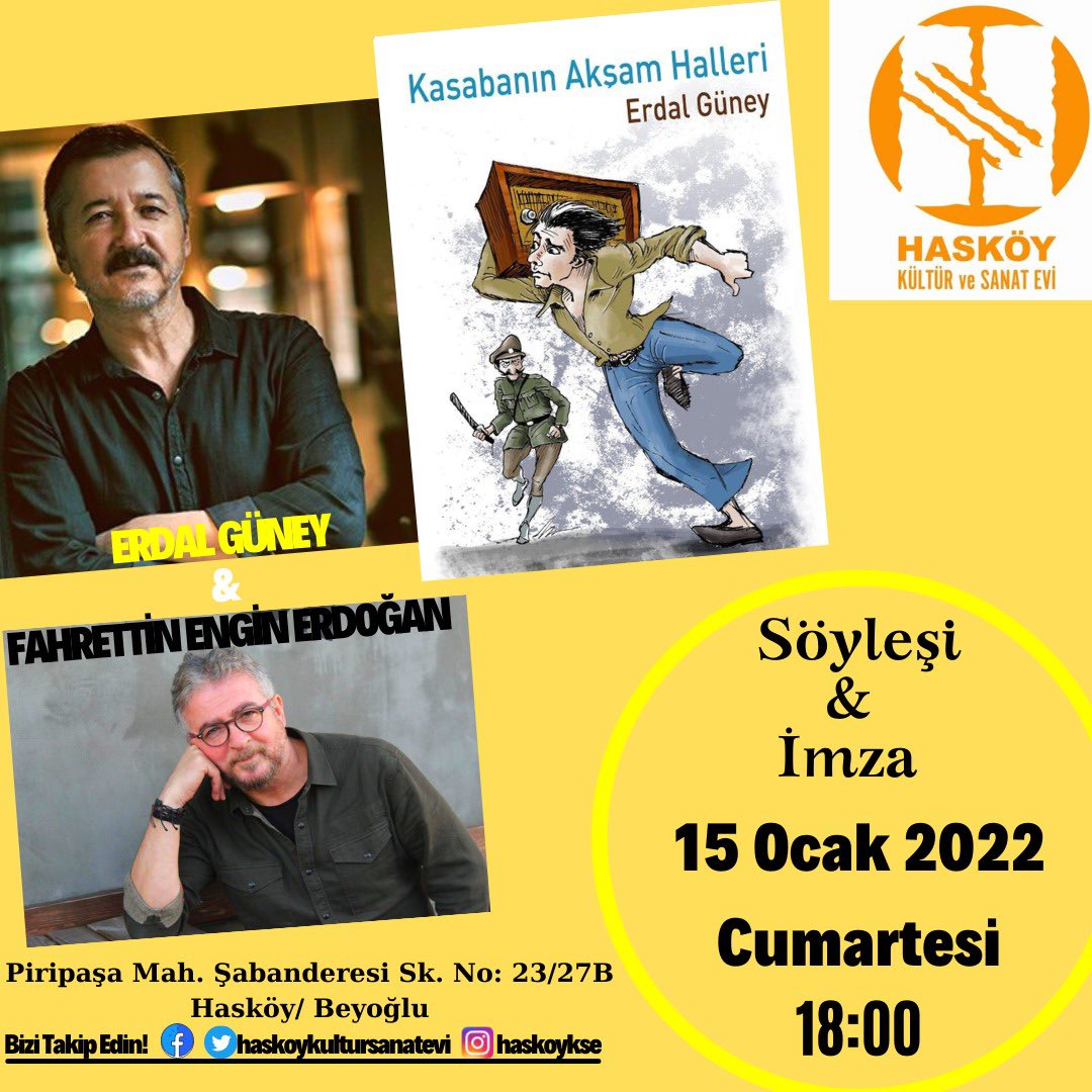 Yeni yılda ilk etkinliğimizi, Erdal Güney’in yazdığı ve Fahrettin Engin Erdoğan’ın çizimlediği “Kasabanın Akşam Halleri” kitabının imza ve söyleşisi ile gerçekleştiriyoruz. Herkesi bekleriz. <a href="/guneyerdal/">Erdal Güney</a>