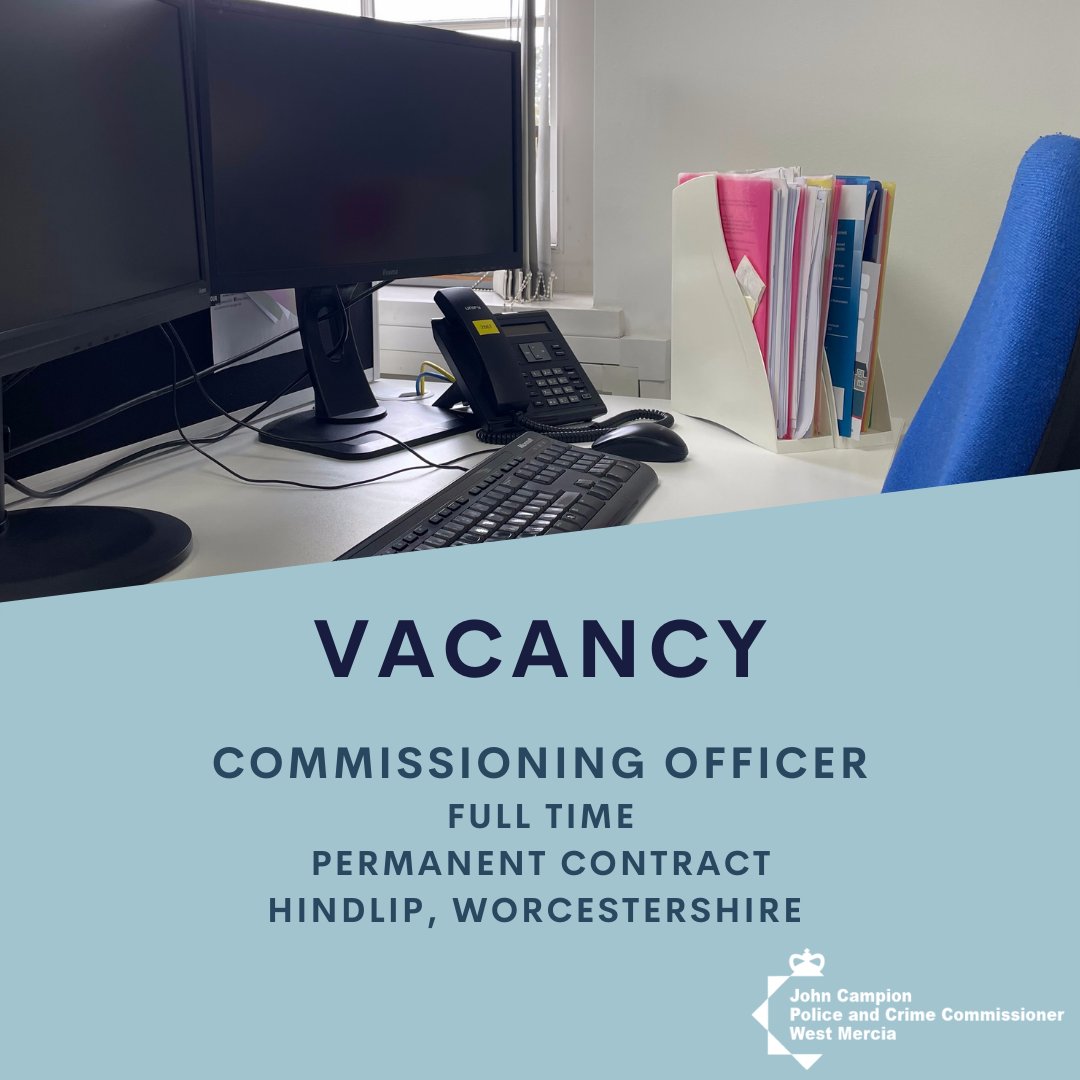 WestMerciaPCC's tweet photo. Are you looking for a new and exciting challenge?

The office of the Police and Crime Commissioner is looking for a Commissioning Officer to join the team.

Find out more below👇
https://t.co/kgzDe5yEae

#vacancy #newjob #newchallenge https://t.co/WhvfvXqc0i