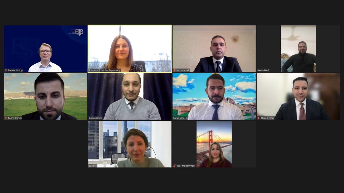EstonianSchoolofDiplomacy🇪🇪 (@diplokool) on Twitter photo 🇪🇪 🇮🇶 We are continuing a cooperation project with the <a href="/Iraqimofa/">وزارة الخارجية العراقية</a> to build the capacity of young Iraqi diplomats. This week´s Zoom seminars are „Public and digital diplomacy“ led by Taavi Toom and „Economic and trade diplomacy“ led by Meelis Kitsing.
🙏<a href="/MFAestonia/">Estonian MFA 🇪🇪 | 🌻 #StandWithUkraine</a> 🇪🇪 🇮🇶 We are continuing a cooperation project with the <a href="/Iraqimofa/">وزارة الخارجية العراقية</a> to build the capacity of young Iraqi diplomats. This week´s Zoom seminars are „Public and digital diplomacy“ led by Taavi Toom and „Economic and trade diplomacy“ led by Meelis Kitsing.
🙏<a href="/MFAestonia/">Estonian MFA 🇪🇪 | 🌻 #StandWithUkraine</a>