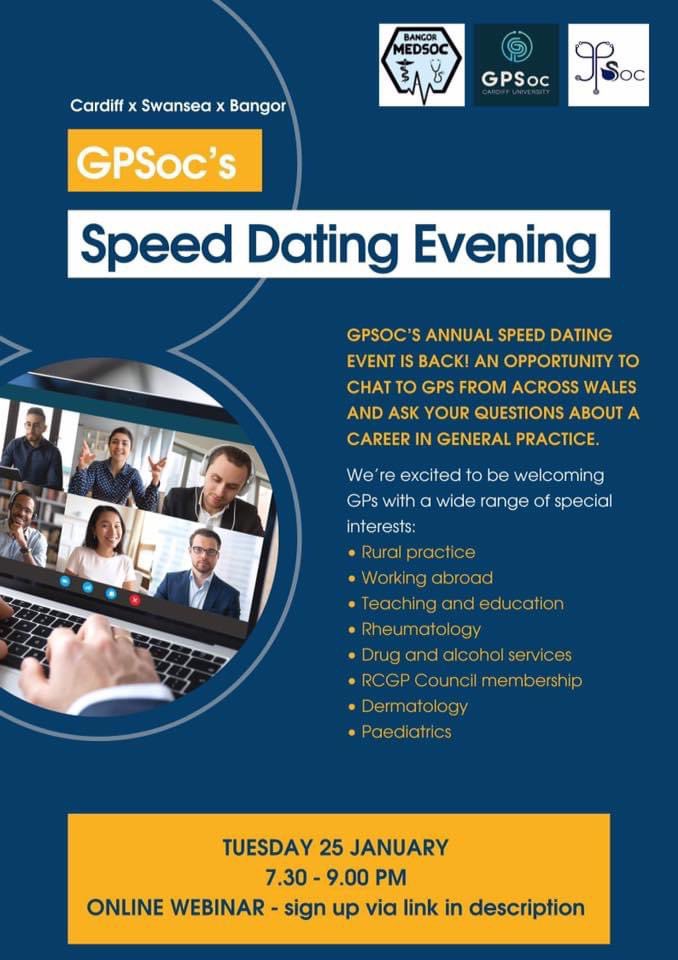 Swansea Uni GP Society (@swanseagpsoc) on Twitter photo We’re collaborating with <a href="/Gpsoc_cardiff/">Gpsoc Cardiff</a> & <a href="/MedSocBangor/">Bangor MedSoc</a> to host a GP speed dating evening where you can meet and chat to GP’s with a range of special interests and experiences, see our poster below for further details and check out our Facebook event page fb.me/e/17NkppGPN We’re collaborating with <a href="/Gpsoc_cardiff/">Gpsoc Cardiff</a> & <a href="/MedSocBangor/">Bangor MedSoc</a> to host a GP speed dating evening where you can meet and chat to GP’s with a range of special interests and experiences, see our poster below for further details and check out our Facebook event page fb.me/e/17NkppGPN