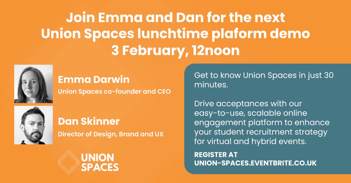 UnionSpaces's tweet image. Our lunchtime demo sessions are back! In just 30 minutes we'll show you how Union Spaces drives acceptances via our scalable, easy-to-use online engagement platform. Get the most out of your virtual and hybrid #HigherEdEvents today.

Register 👇
ow.ly/bYCo50HrPmP