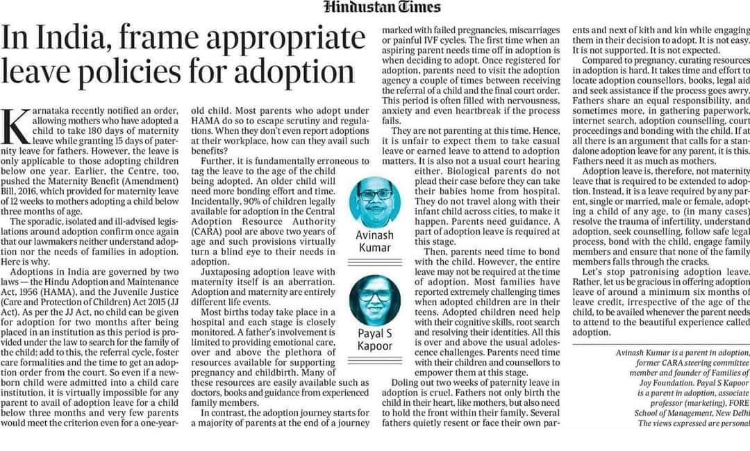 AdoptionAction's tweet photo. It's a shame we need to 'ask' for this AND that this is not a norm! Appropriate leave policies for adoption is a right, long overdue.  Via @payal_kapoor #AdoptionInIndia #PaternityLeave #MaternityLeave #AdoptiveParents https://t.co/anYRpSKHUQ