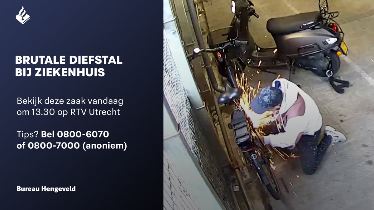 Wie besloot er een elektrische fiets open te slijpen vlak voor de bewakingscamera van een ziekenhuis? Dat willen we graag weten! Kijk voor deze zaak en meer nu naar <a href="/bureauhengeveld/">Bureau Hengeveld</a> op  <a href="/rtvutrecht/">RTV Utrecht</a> . Na de uitzending kunnen we meer beelden delen van de verdachte.