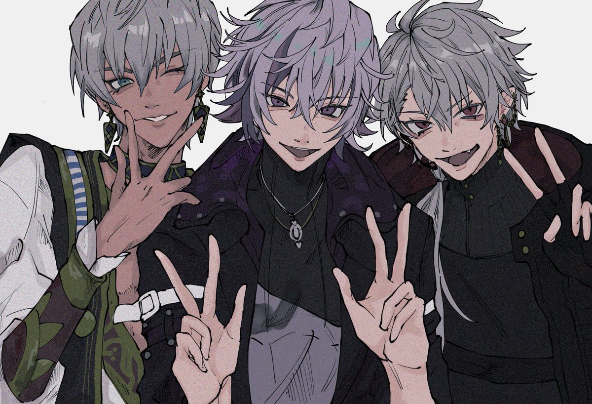 kuzuha (nijisanji) multiple boys male focus 3boys jewelry earrings v grey hair  illustration images