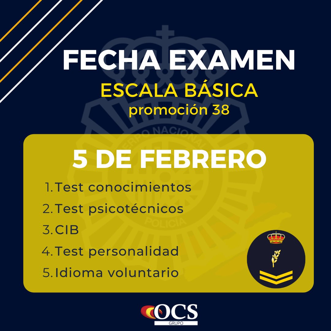 🚨FECHA OFICIAL EXAMEN ESCALA BASICA 🚨
El 5 de febrero tendrán lugar las siguientes pruebas: 
1. Test conocimientos
2. Test psicotécnicos 
3. CIB 
4. Test personalidad 
5. Idioma voluntario

¡¡¡A por ello!!!💪👮👮‍♀️ Más información: policia.es/_es/comunicaci…