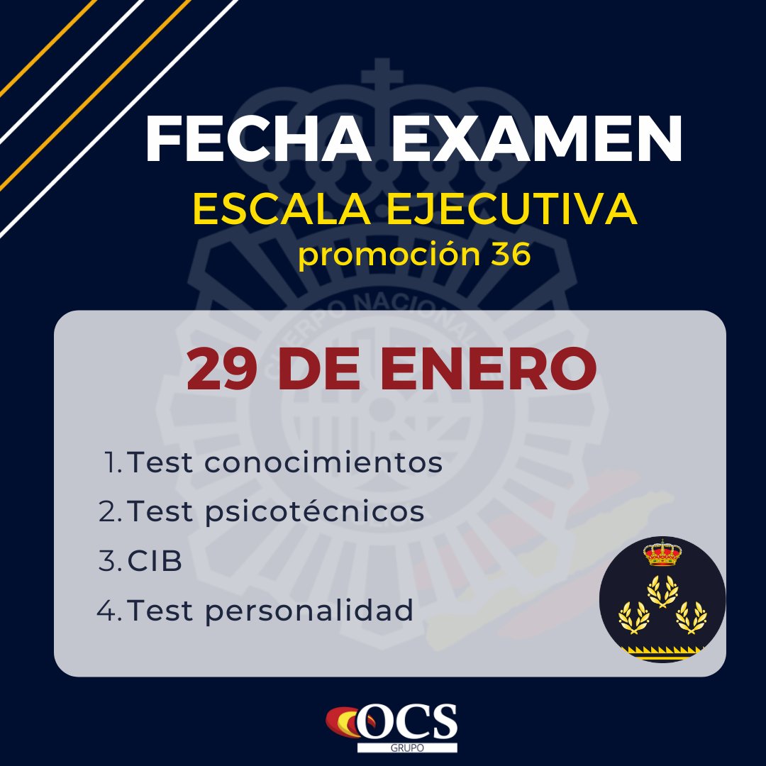 🚨FECHA OFICIAL EXAMEN ESCALA EJECUTIVA 🚨
El 29 de enero tendrán lugar las siguientes pruebas: 
1. Test conocimientos
2. Test psicotécnicos 
3. CIB 
4. Test personalidad 

¡¡¡A por ello!!!💪👮👮‍♀️ Más información: policia.es/_es/comunicaci…