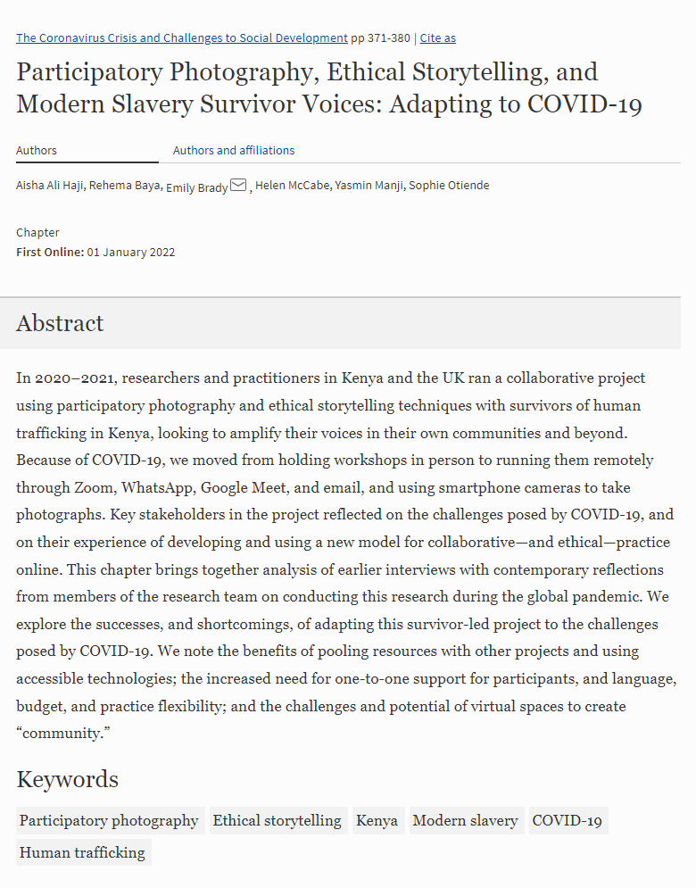 So delighted that our chapter (with @sophieotiende, @emilyrosebrady et al) has been published about @rightsbeacon @AKNetwork1 research w @AzadiKenya and impact of #COVID19 on our #ethicalstorytelling and #participatoryphotography research in 2020 - link.springer.com/chapter/10.100….