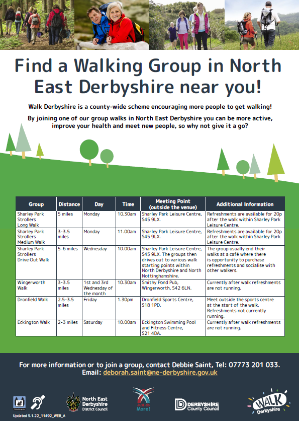 Why not embrace the winter season &amp; enjoy the outdoors with good company by joining one of <a href="/nedDC/">North East Derbyshire District Council</a>’s Walking Groups.  All of their walks are free of charge &amp; led by a qualified walk leader. For more info please contact Debbie Saint on 07773 201 033 <a href="/dva_info/">Derbyshire Voluntary Action</a> <a href="/DCCPublicHealth/">Live Life Better Derbyshire</a>