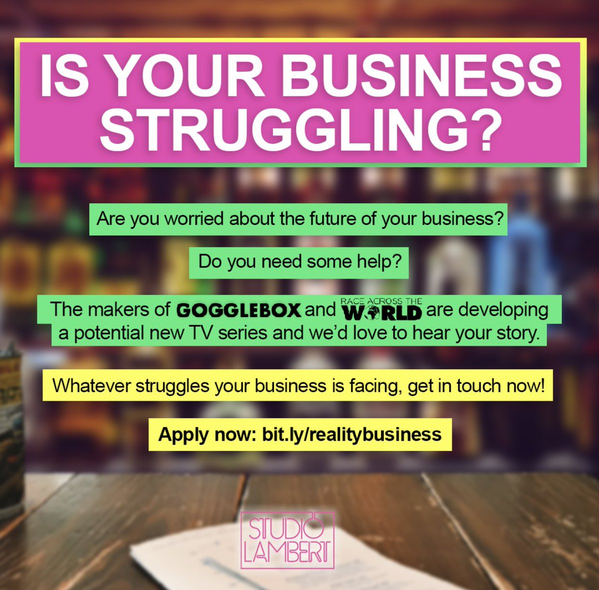 IS YOUR BUSINESS STRUGGLING? 💻

🤔 Are you worried about the future of your business? 

The makers of GOGGLEBOX are developing a potential new TV series and we’d love to hear your story! 

📧 DM us for more info!