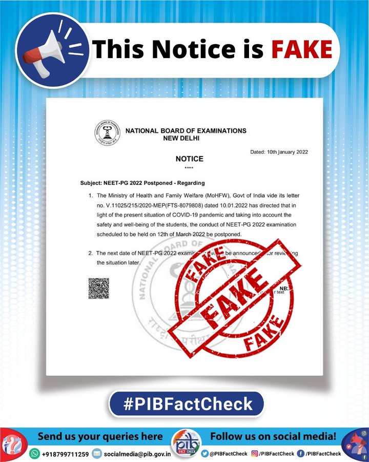 A stamp with the word fake on a public notice purportedly issued by the National Board of Examinations which claims that the NEET-PG 2022 examination scheduled to be held on 12th March 2022 has been postponed.