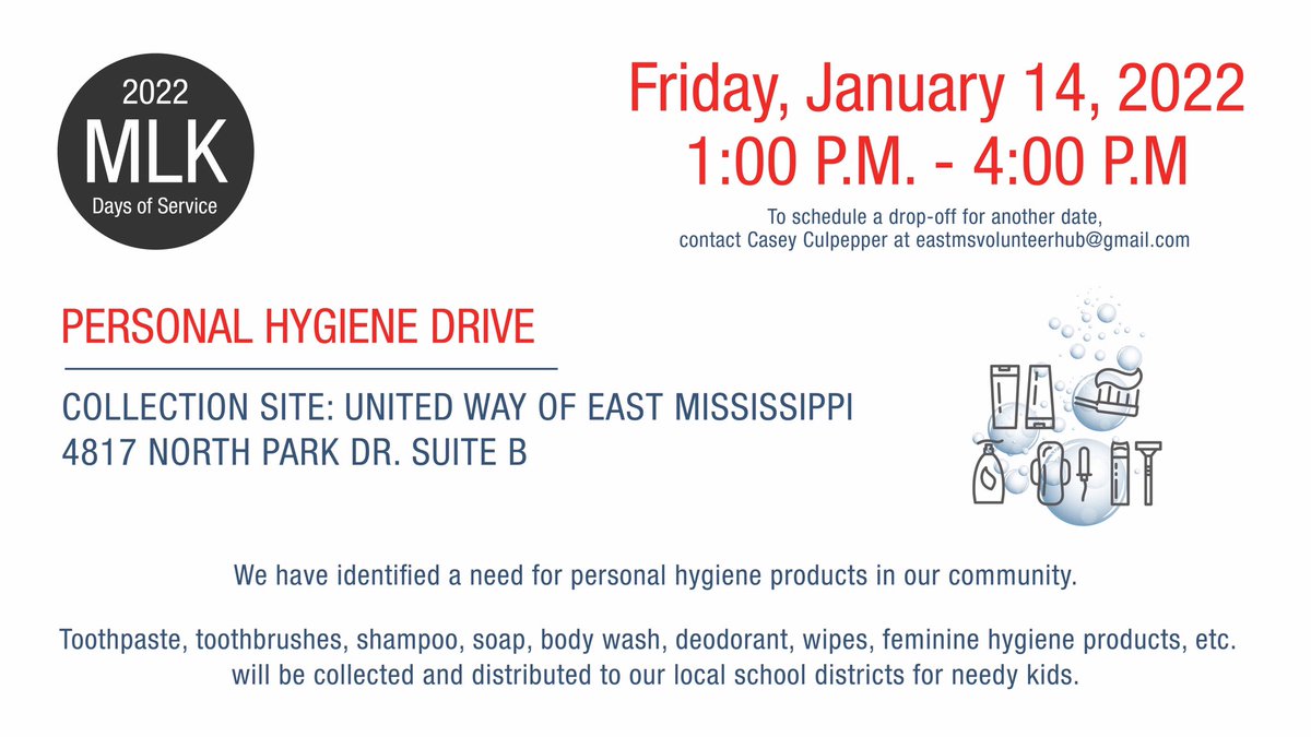 MississippiHub's tweet image. 2022 MLK Days of Service: Personal Hygiene Drive to Benefit Local Students and a FREE Covid-19 Vaccine Clinic

In honor of MLK Day and in partnership with Multi-County Community Service Agency, we are hosting two events to benefit our community.

#MLK #MLKDaysofService