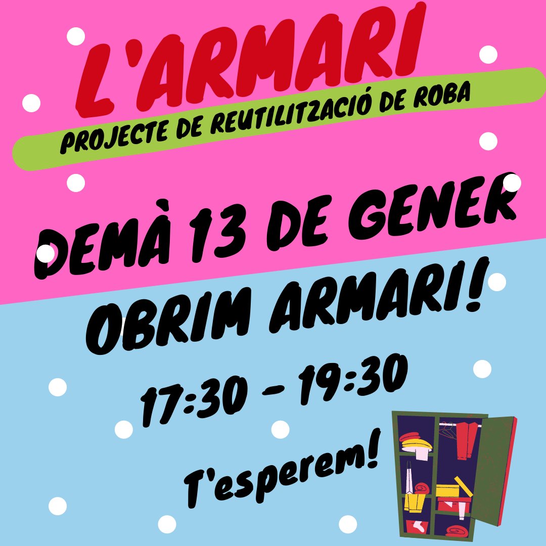 CasalCosaNostra's tweet image. 🔥Vinga! que demà obrim Armari!!!

🙌T&apos;esperem!

🕔De 17:30 a 19:30

#recicla #redueix #reutilitza #armari #casaldebarri #lacosanostra #canpeguera #noubarris