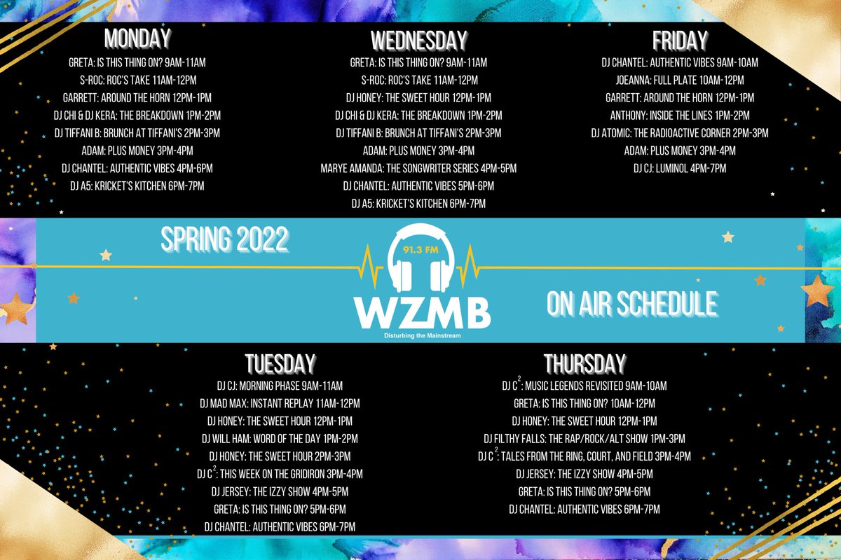 WZMB913's tweet photo. Our spring programming starts today! #wzmb #collegeradio #studentmedia https://t.co/JAFOvrmVvL