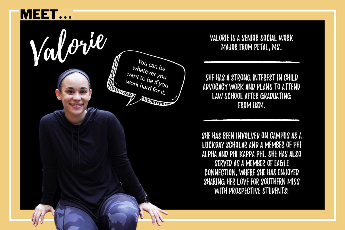 USM_CEHS's tweet photo. Meet @SouthernMissSWK student Valorie Cochran! 👋

Keep working hard and advocating for those who need it, Valorie! #SMTTT #EaglesServe https://t.co/nKPWDqnms9