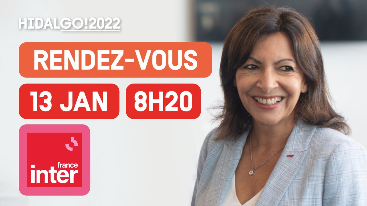 ⏰ Rendez-vous demain matin à 8h20 pour suivre notre candidate <a href="/Anne_Hidalgo/">Anne Hidalgo</a> qui sera l'invitée de <a href="/franceinter/">France Inter</a> pour une édition exceptionnelle de la matinale !

💬 Vous pouvez réagir en direct à l'émission avec #Hidalgo2022 et #Le79Inter. À demain !